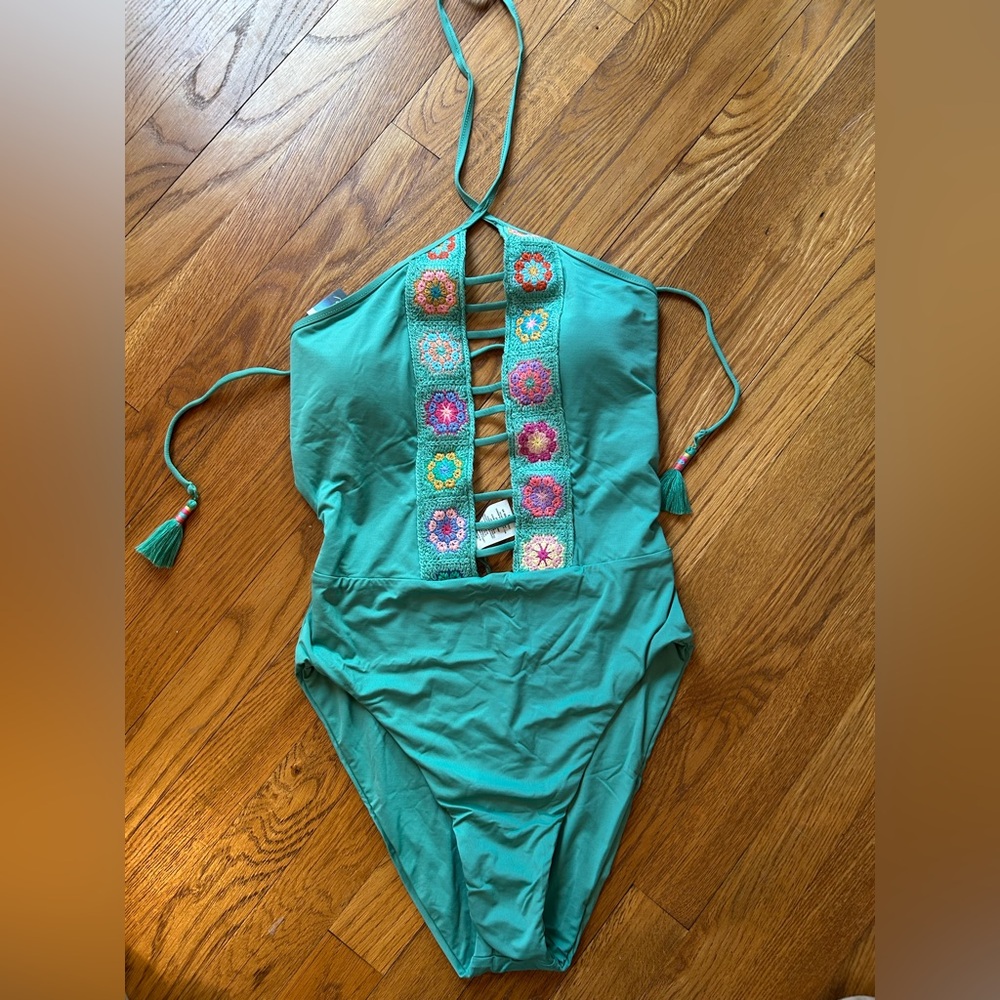 Isabell Rose Women's Teal One Piece Swimsuit with Colorful Embroidery L nwt
